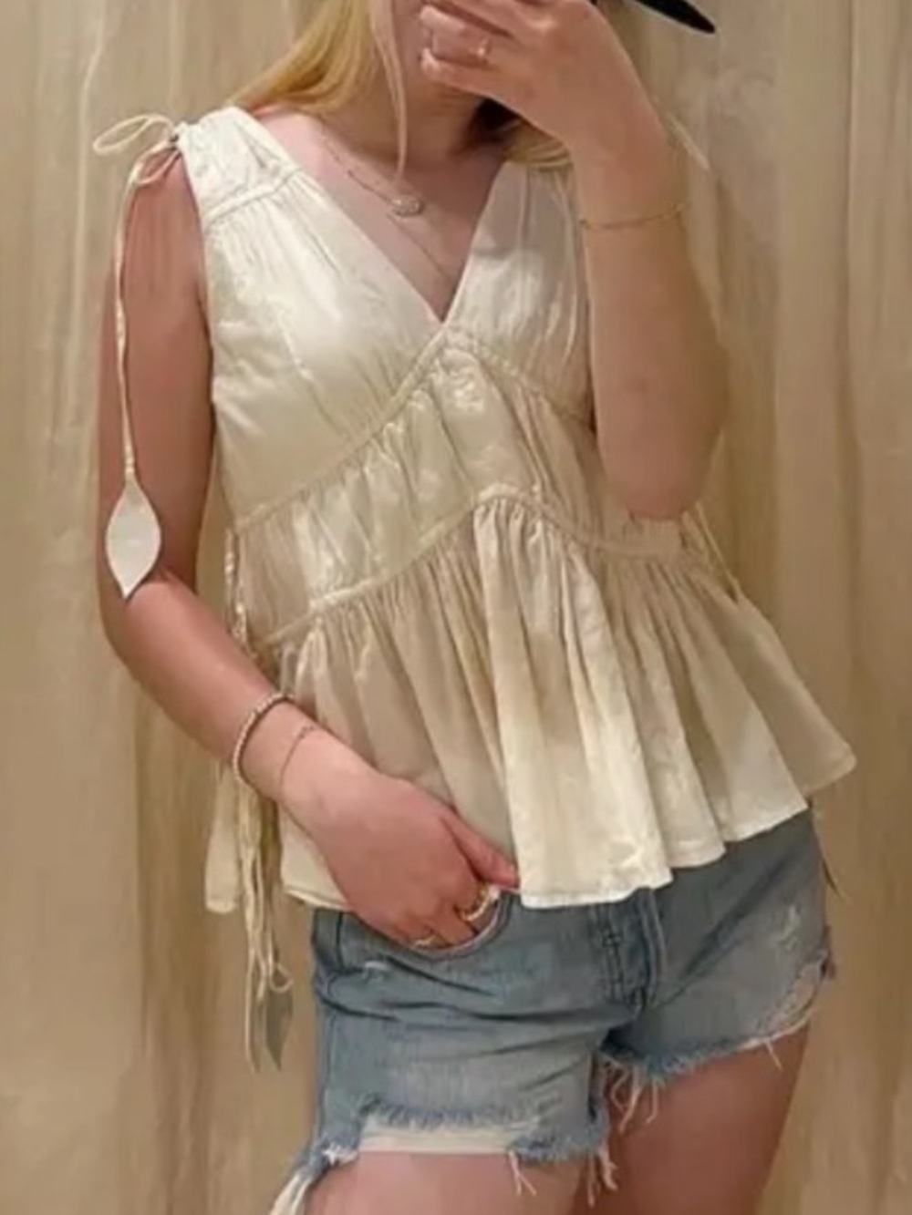 Tory Burch New Ivory Sleeveless Smocked Peplum Tie Top - Size 14 NWOT - Picture 7 of 9